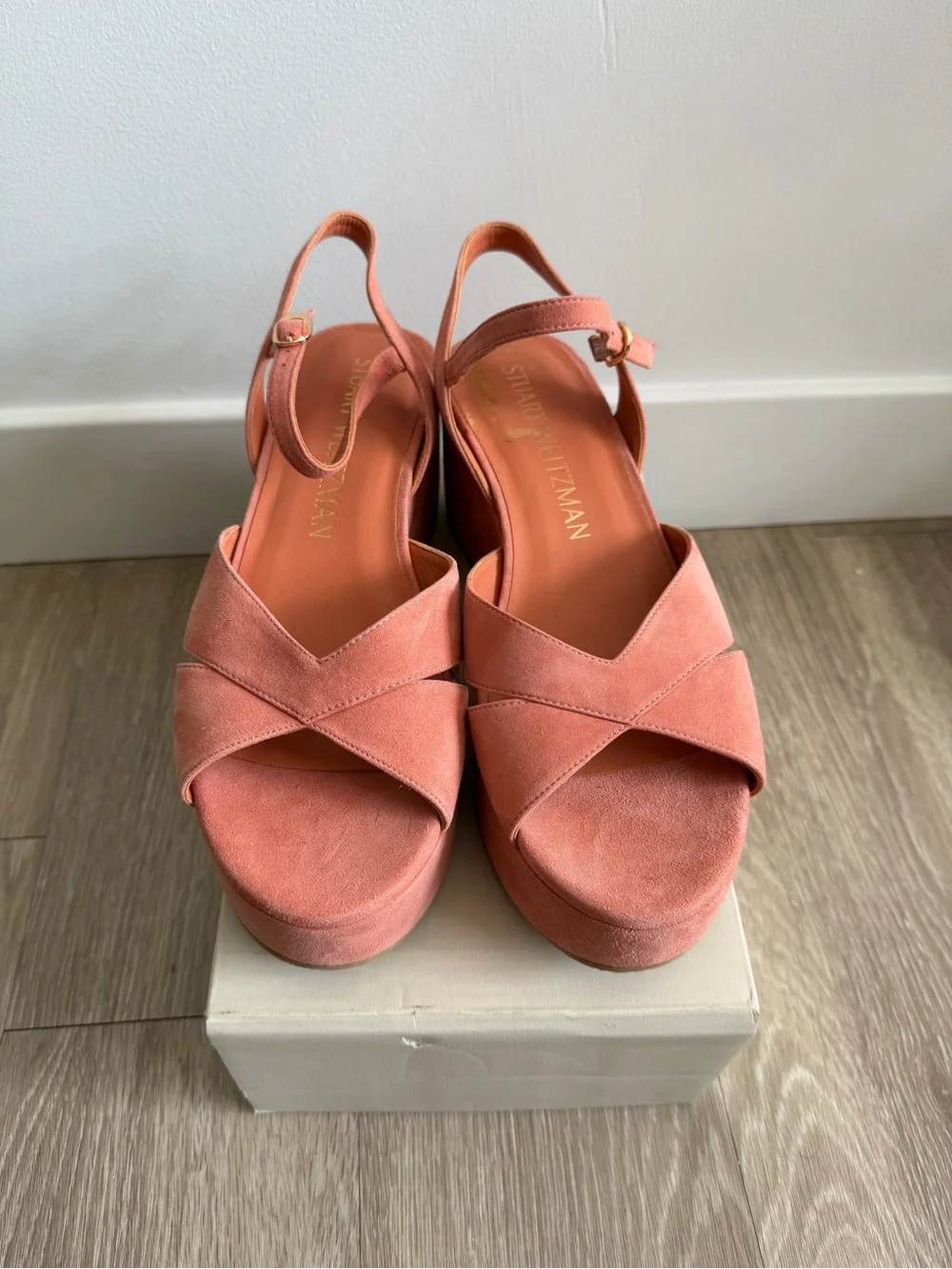 Stuart Weitzman Carmen Midi Wedge Sandals Terracotta Suede Size 9.5B